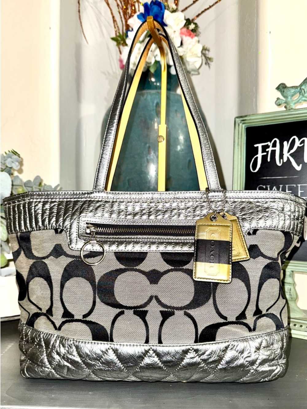 Coach Signature Metallic Poppy Quilted Canvas Tote G1176-18676 (2011) EUC - Picture 13 of 16